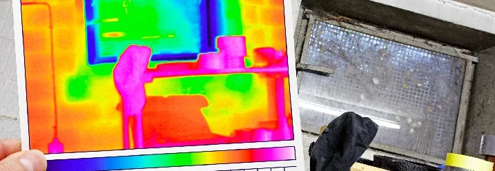 Eine Hand hält ein Wärmebild eines Raumes mit einem Fenster.